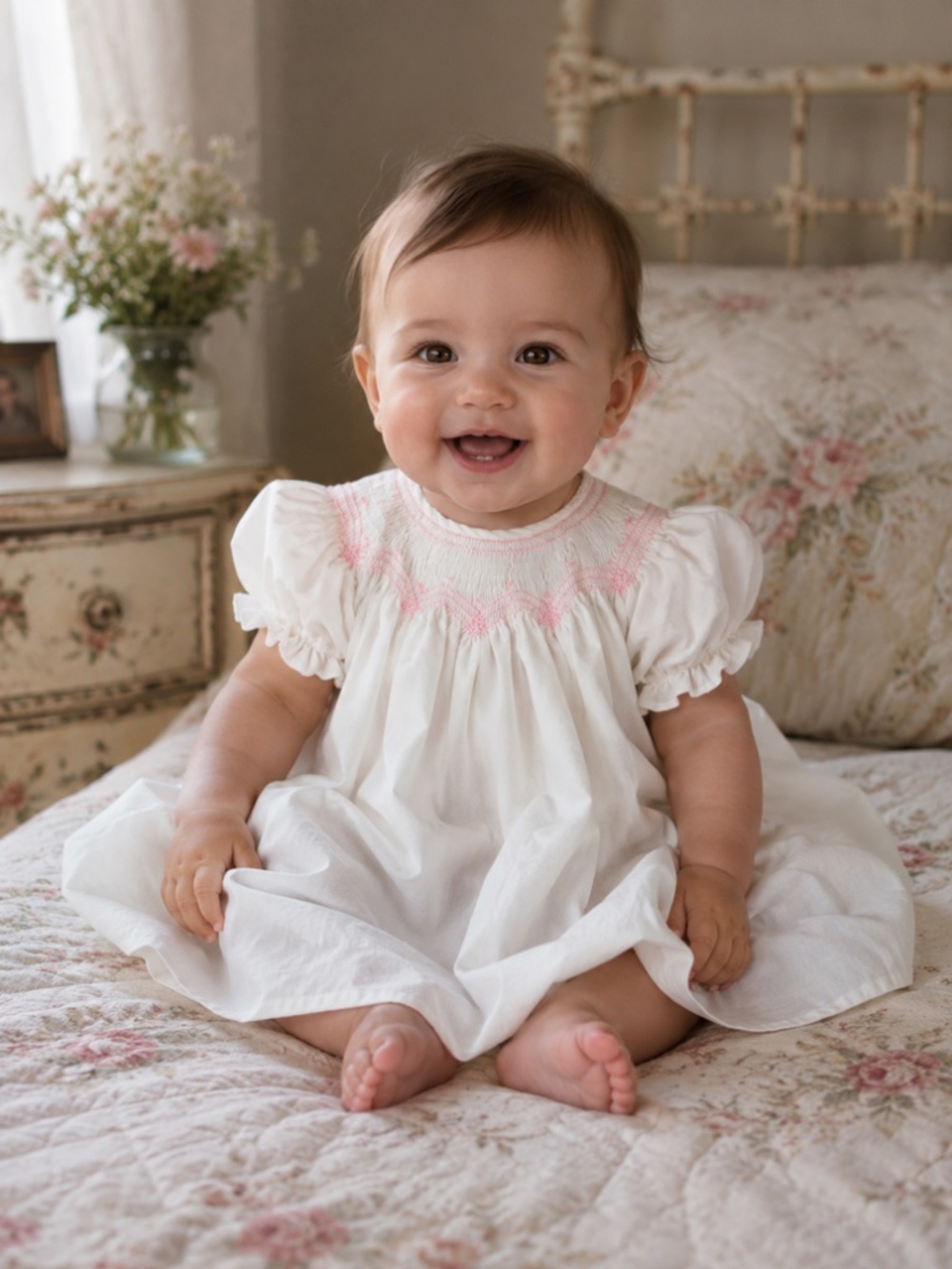 Vtg Baby Togs Smocked Infant Baby Dress Sz 9 Months 9M White Pink Embroidered